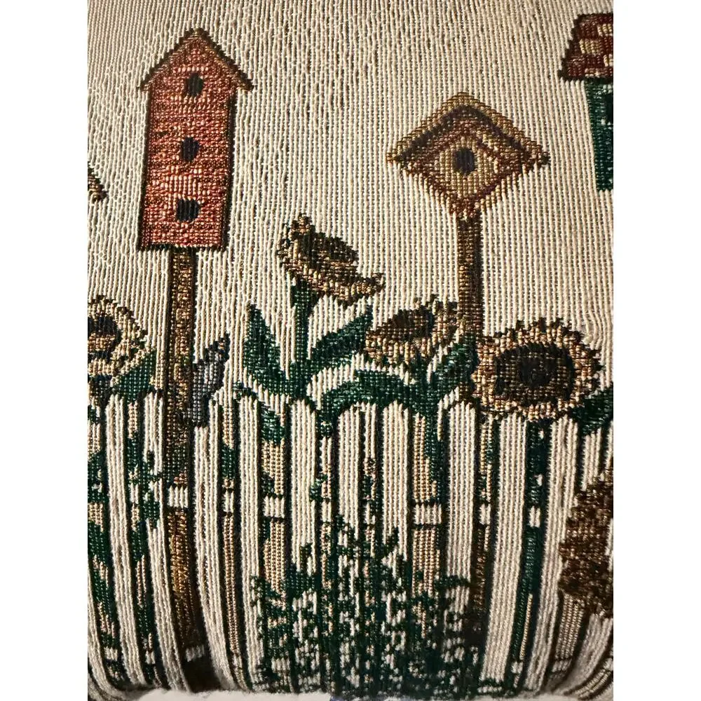 Vintage Tapestry Birdhouse & Black Cat Cottagecore Woven Decorative Throw Pillow